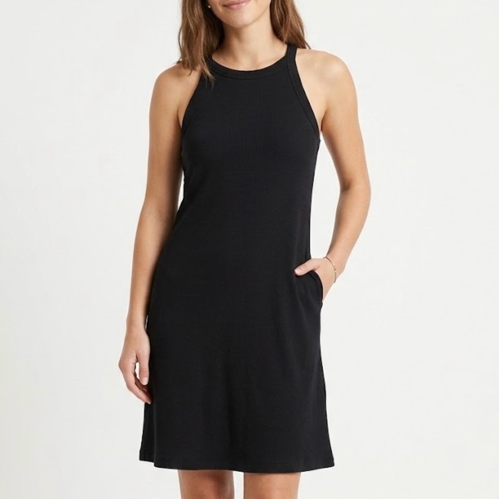 Gap True Black Supima Cotton Modal Halter Mini Dress M High Neck Jersey LBD EUC
